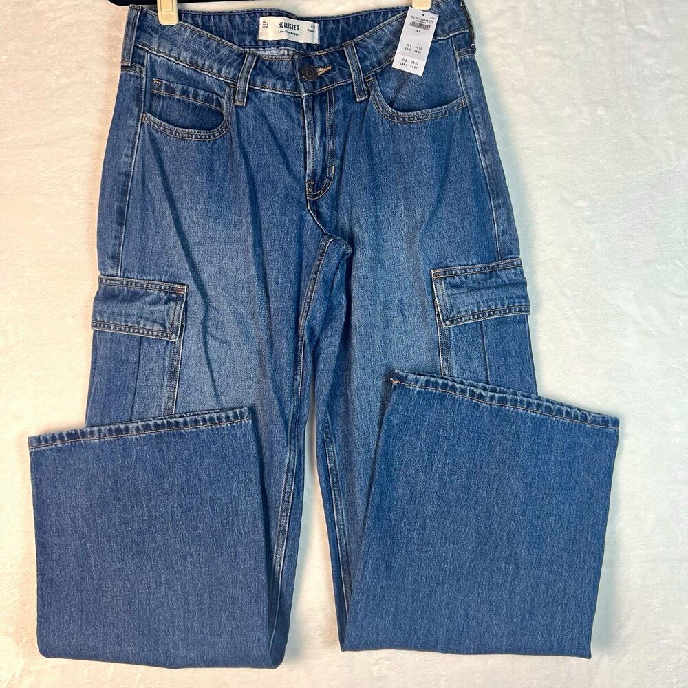 Hollister Low Rise Baggy Cargo Jeans Blue Medium Wash NWT Size 4 W30 L31